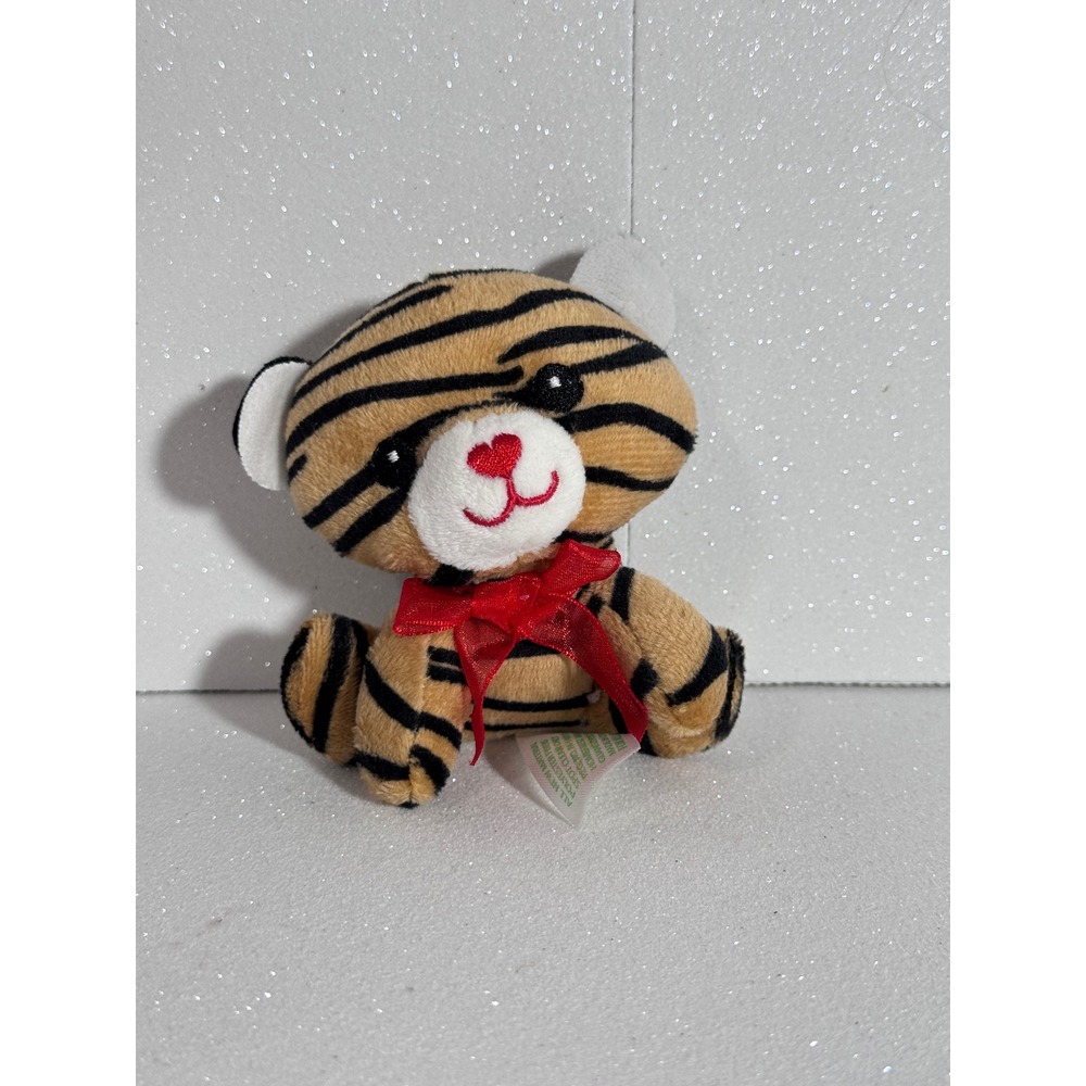 Homerbest Small Plush Tiger Stuffed Animal Tan Black Striped Red Bow Heart Nose